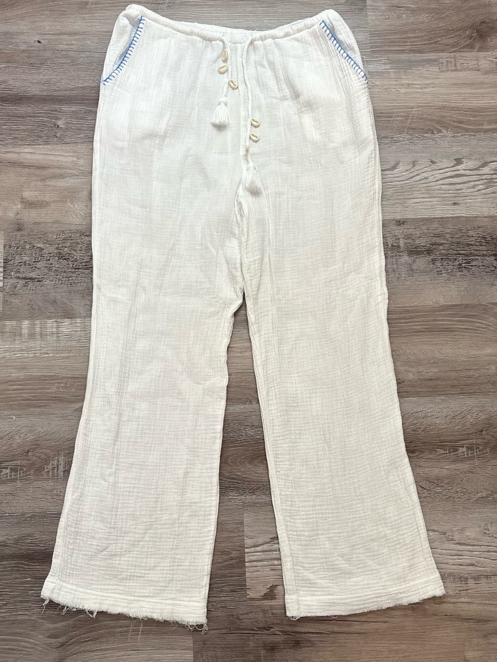 blue island White Gauze Pants with Blue Logo Tag